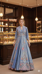 Serene Azure Floral Embroidered Jacket Gown
