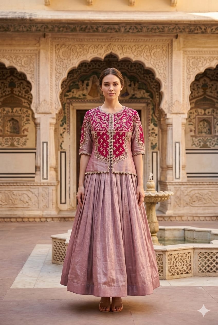 Royal Fuchsia & Dusty Mauve Zari-Embroidered Jacket Lehenga Set