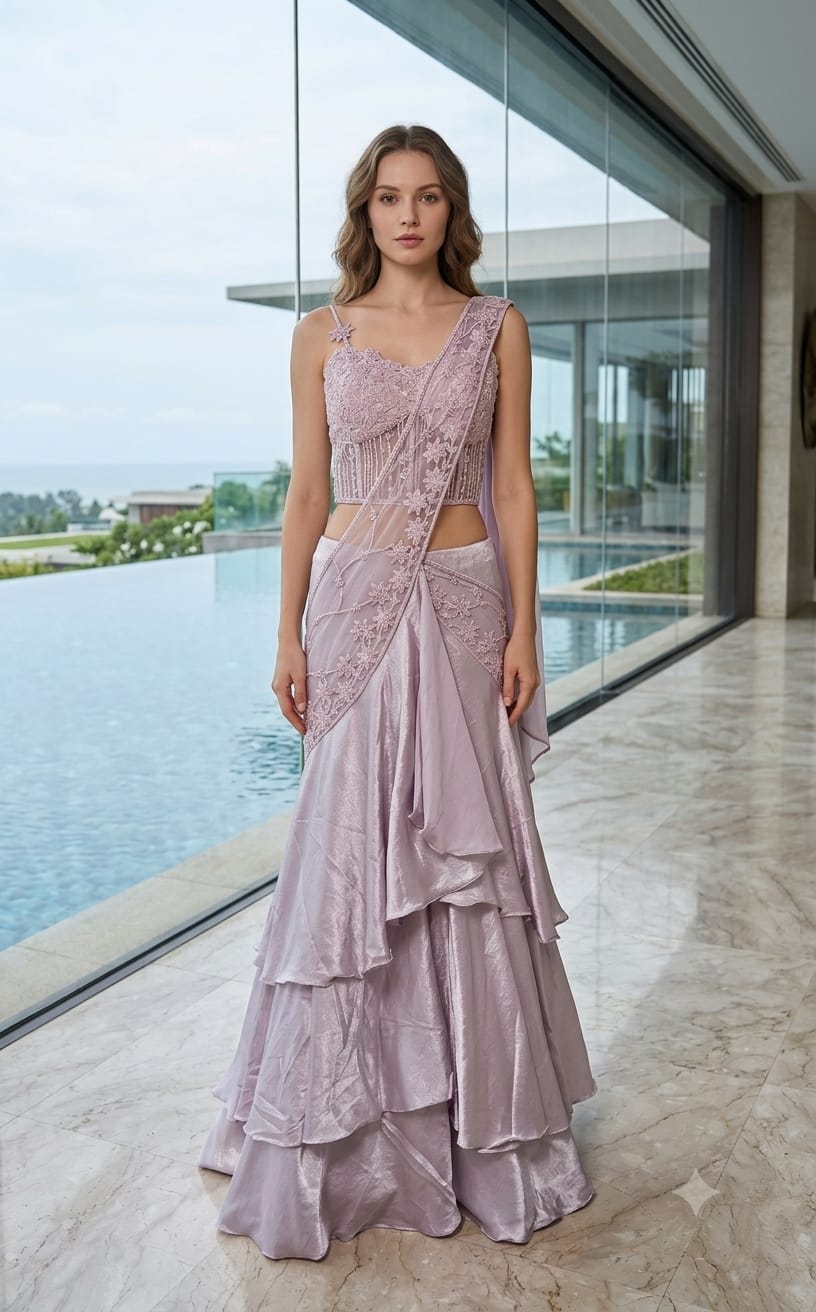 The Lavender Radiance Tiered Saree Gown