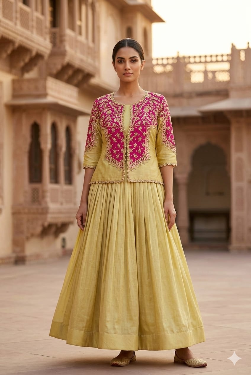 Royal Fuchsia & Dusty Mauve Zari-Embroidered Jacket Lehenga Set