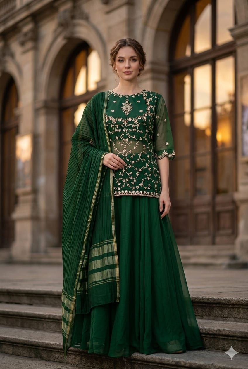 Deep Magenta Zari-Work Kurti Lehenga Set with Sheer Dupatta