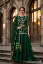 Deep Magenta Zari-Work Kurti Lehenga Set with Sheer Dupatta