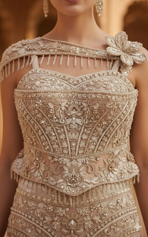 Champagne Gold Heavily Embellished Mermaid Lehenga Set with Peplum Corset & Architectural Pleats