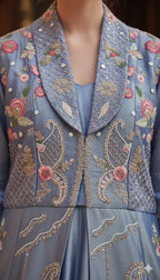 Serene Azure Floral Embroidered Jacket Gown