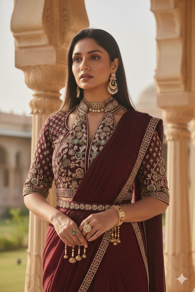 Maroon Georgette Pre-Stitched Saree Set with Embroidered Halter Blouse