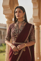 Maroon Georgette Pre-Stitched Saree Set with Embroidered Halter Blouse