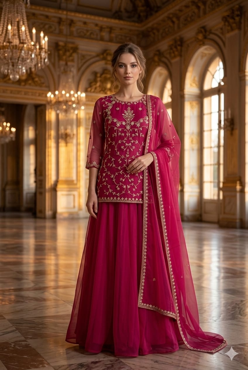 Deep Magenta Zari-Work Kurti Lehenga Set with Sheer Dupatta