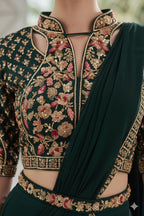 Emerald Elegance: Hand-Embroidered Pre-Draped Saree Gown