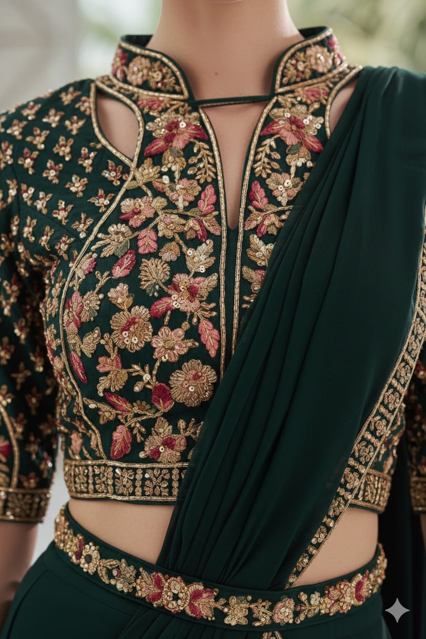 Emerald Elegance: Hand-Embroidered Pre-Draped Saree Gown