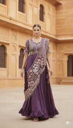 Royal Purple Embroidered Pre-Draped Saree Gown with Scalloped Floral Border