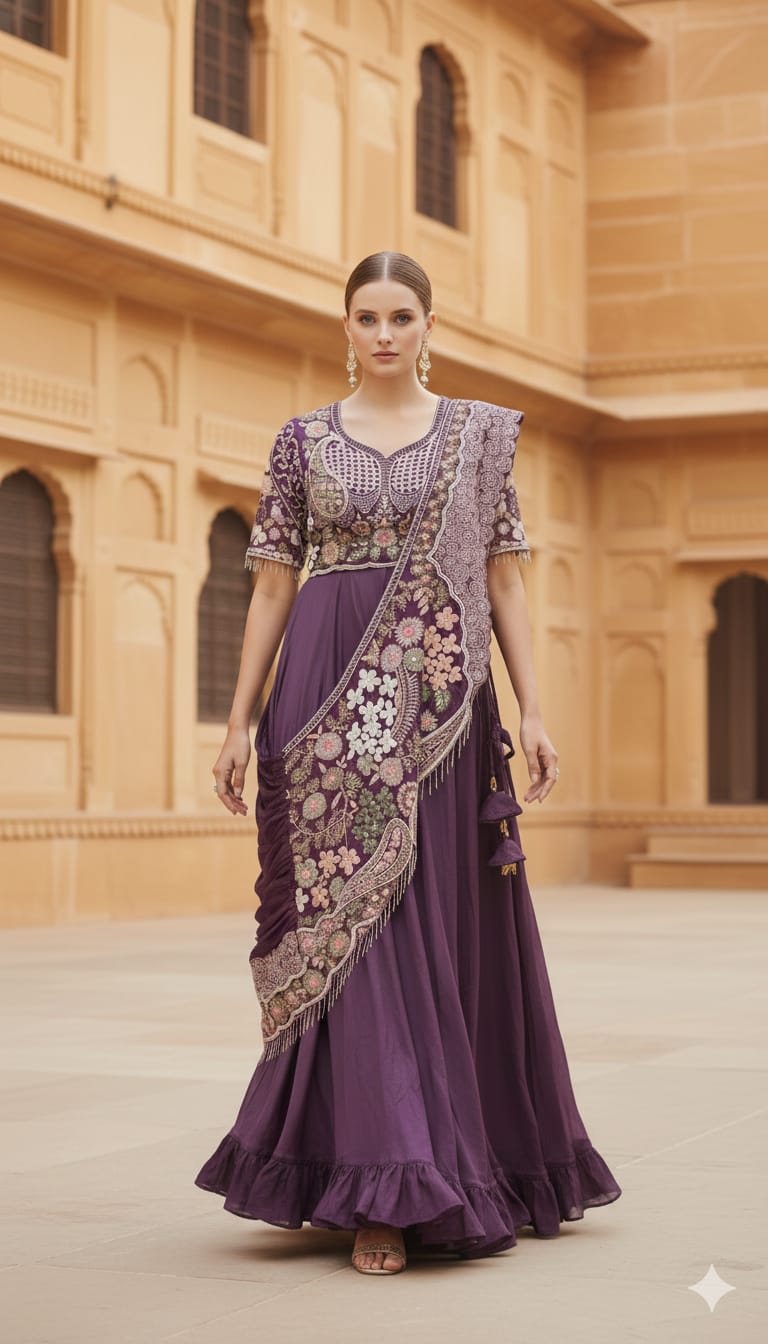 Royal Purple Embroidered Pre-Draped Saree Gown with Scalloped Floral Border