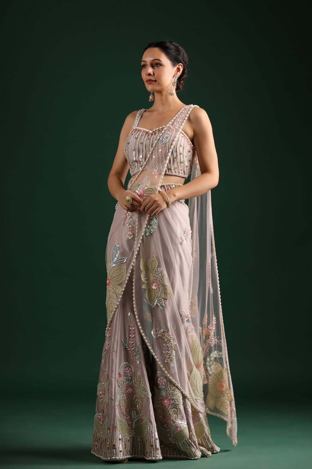 Shubh Studio Smoky Mauve Pearl-Embellished Lehenga Saree Set