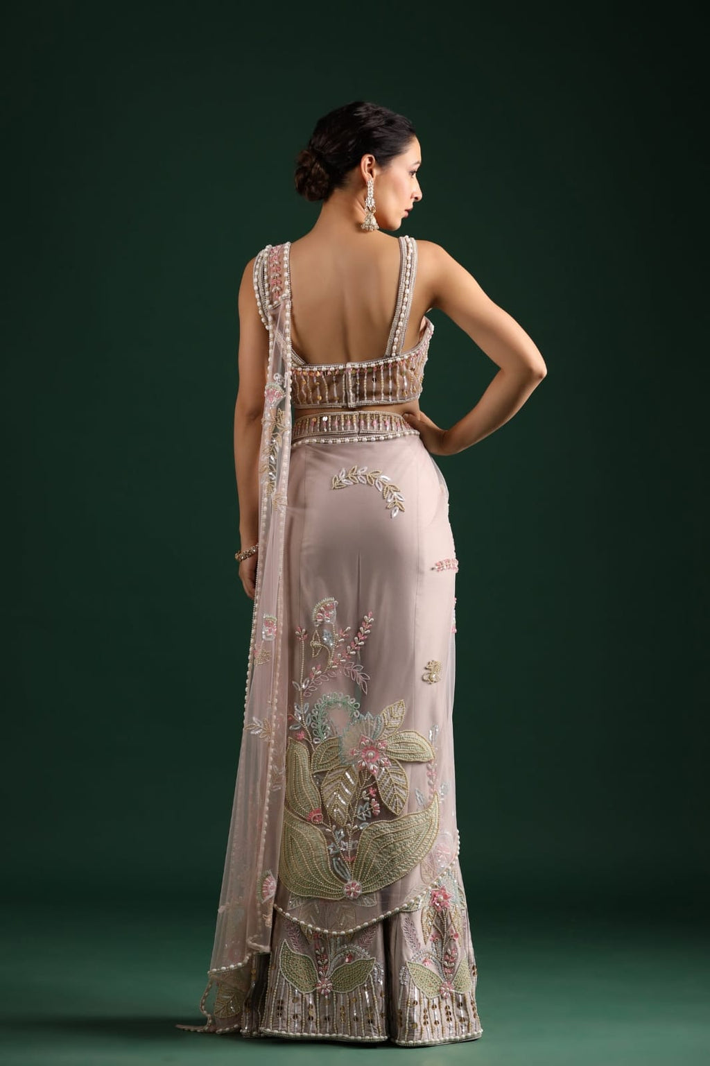 Shubh Studio Smoky Mauve Pearl-Embellished Lehenga Saree Set