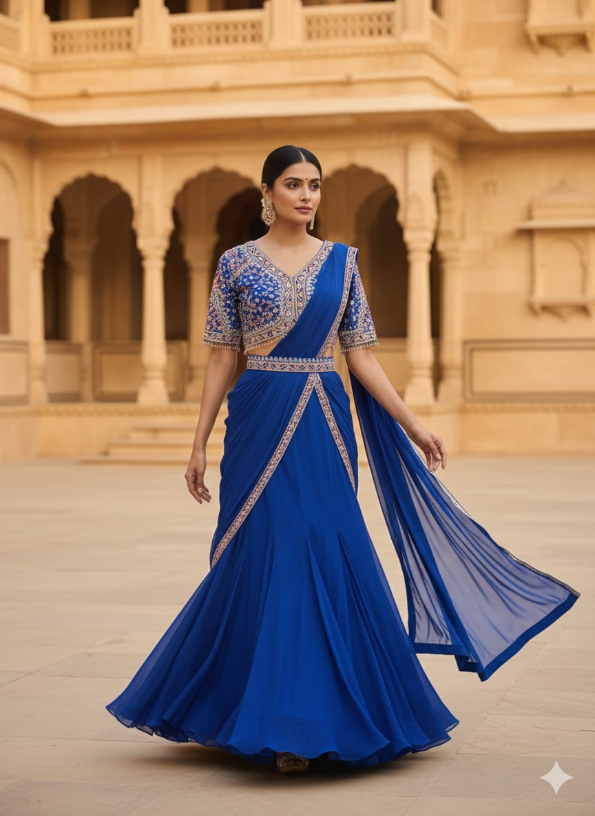 Royal Azure Embroidered Saree-Lehenga Set
