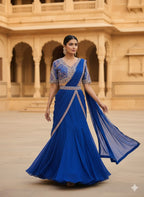 Royal Azure Embroidered Saree-Lehenga Set