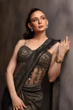 Draped Elegance: Charcoal Metallic Ready-to-Wear Pre-Stitched Saree