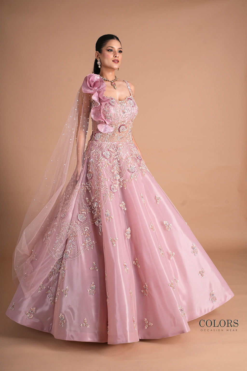Mauve Organza Embellished Gown with Ruffled Shoulder and Sequin Cape