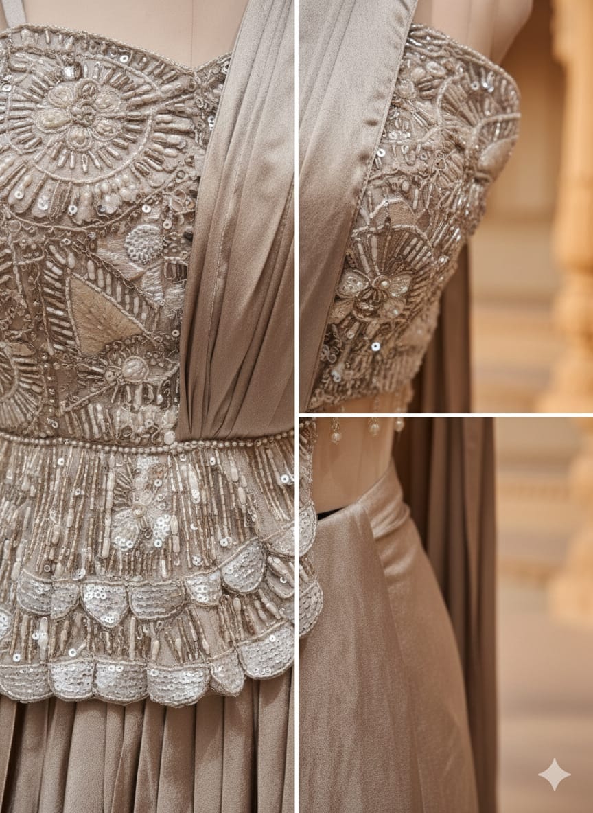 Champagne Gold Hand-Embellished Peplum Fusion Gown