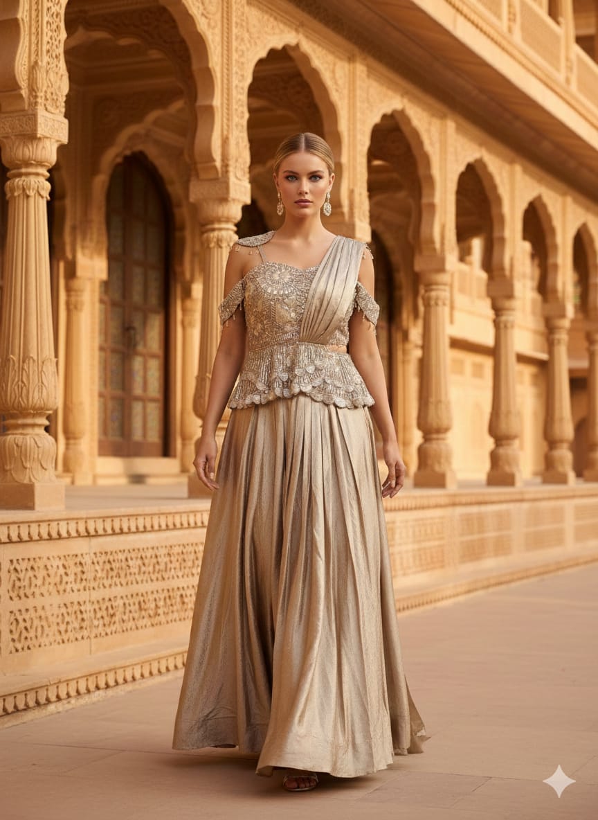 Champagne Gold Hand-Embellished Peplum Fusion Gown