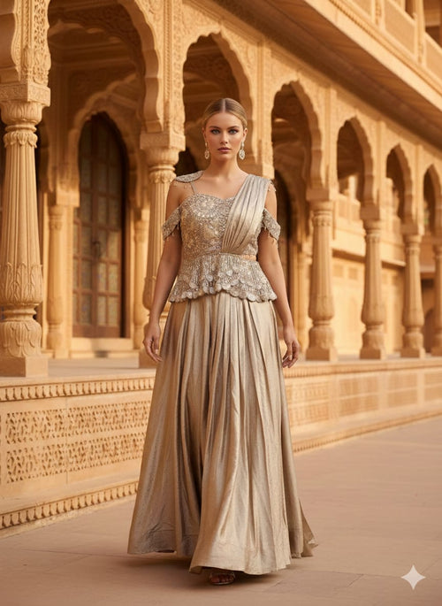 Champagne Gold Hand-Embellished Peplum Fusion Gown