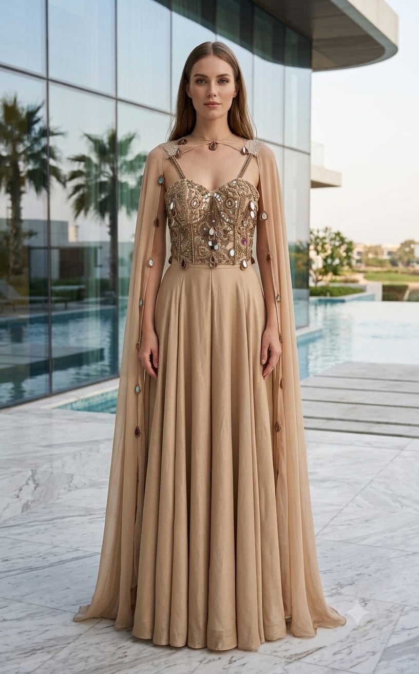 The Ethereal Cascade Cape Gown