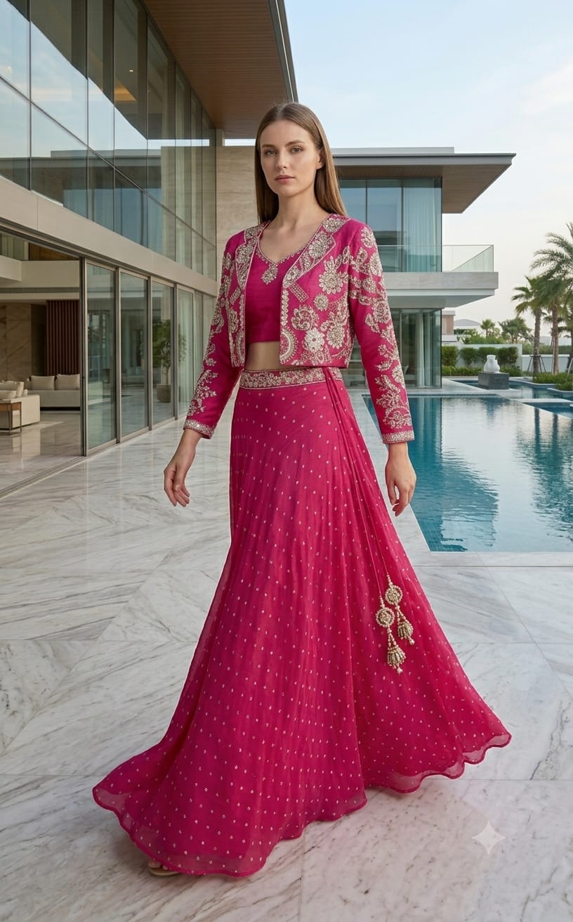 The Rani Pink Heritage Jacket Lehenga