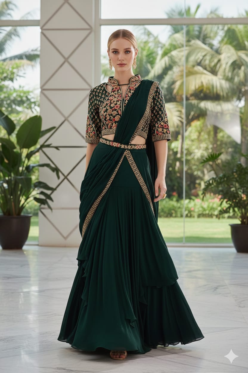 Emerald Elegance: Hand-Embroidered Pre-Draped Saree Gown