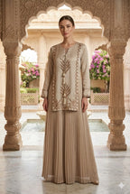 Beige Embroidered Tunic with Pleated Sharara Skirt & Tassel Detail