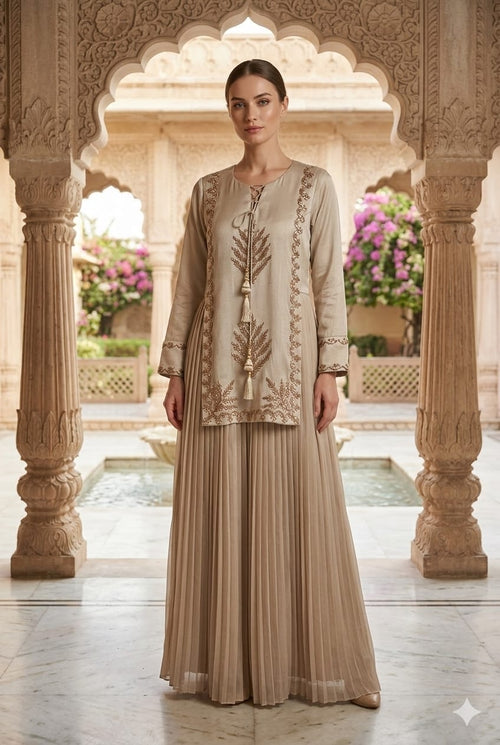 Beige Embroidered Tunic with Pleated Sharara Skirt & Tassel Detail