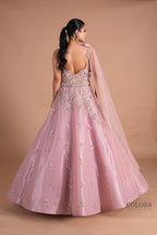 Mauve Organza Embellished Gown with Ruffled Shoulder and Sequin Cape