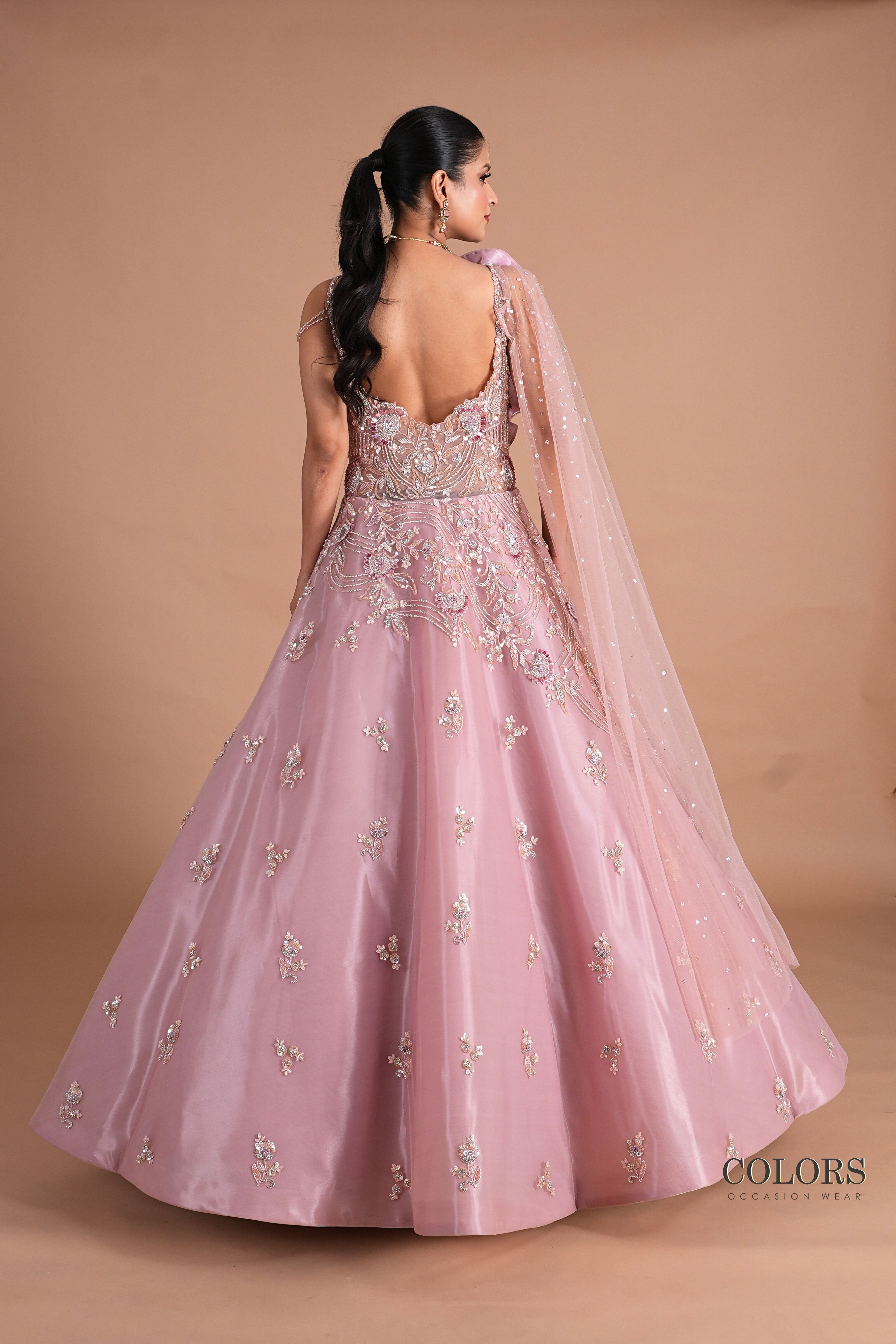 Mauve Organza Embellished Gown with Ruffled Shoulder and Sequin Cape