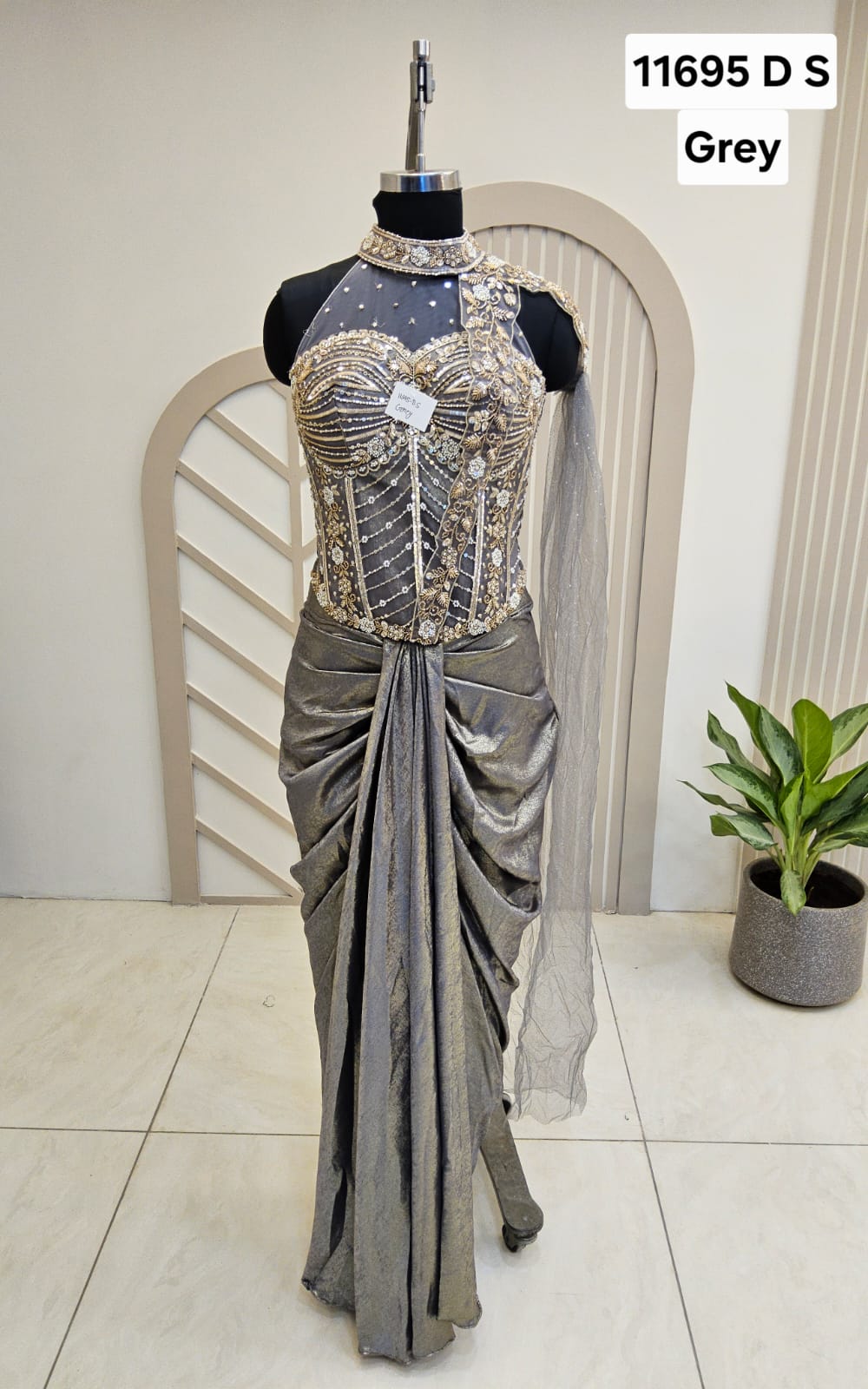 The Silver Sage Sculpted Cape Saree Gown