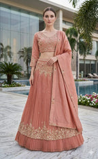 Peach Pleated Georgette Lehenga Choli with Zari Floral Embroidery & Matching Dupatta