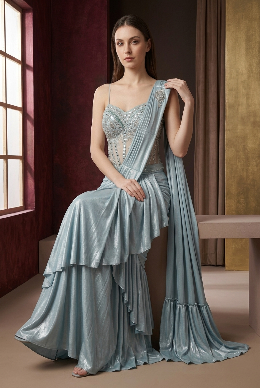 The Ice-Blue Grecian Saree Gown