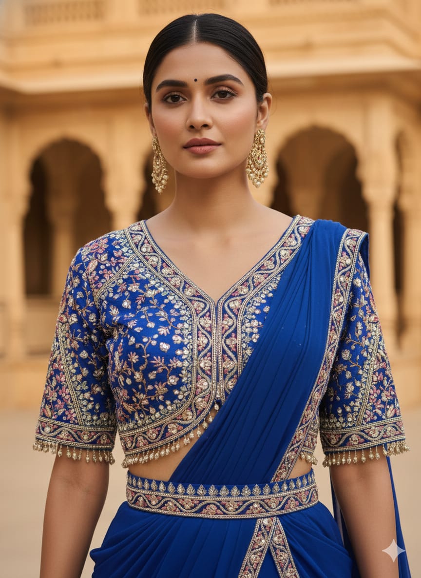 Royal Azure Embroidered Saree-Lehenga Set