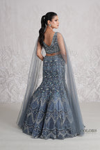 Midnight Blue Hand-Embellished Lehenga Set with Sequin Mesh Cape