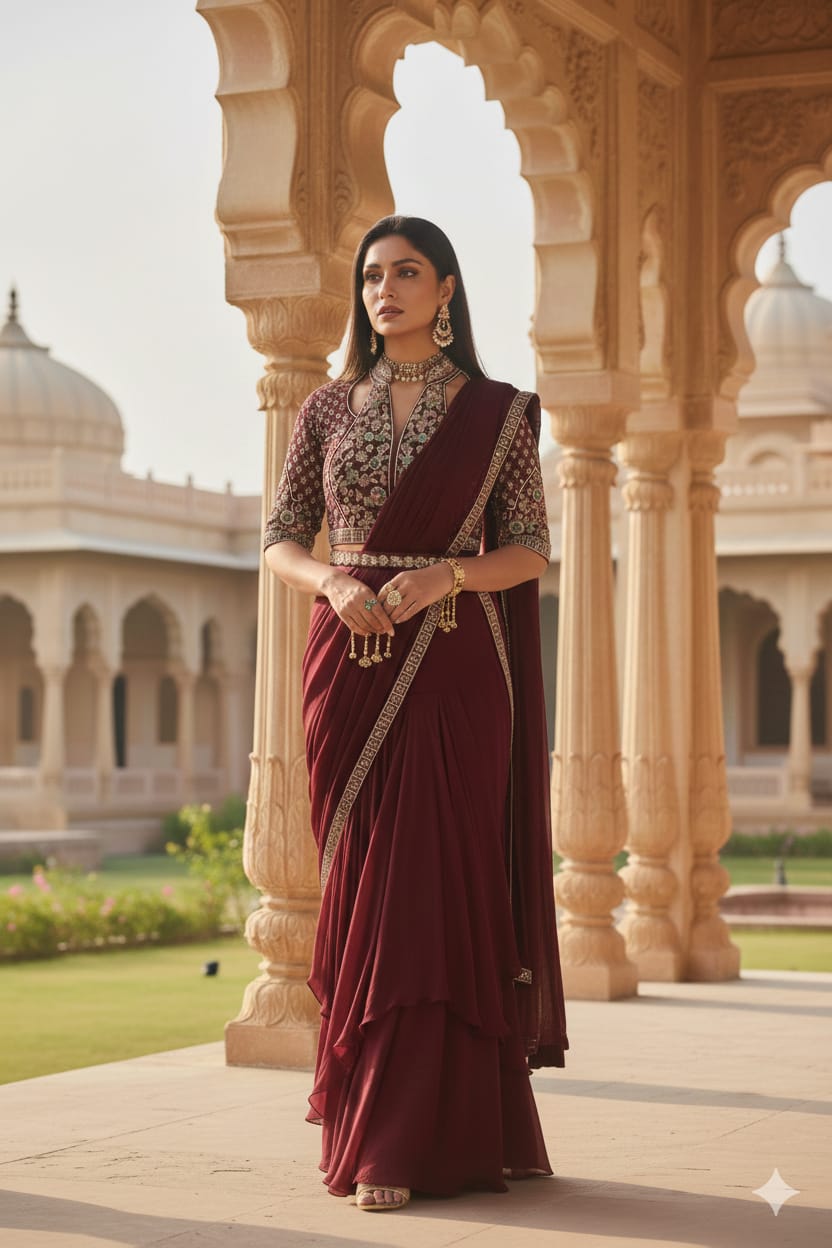 Maroon Georgette Pre-Stitched Saree Set with Embroidered Halter Blouse