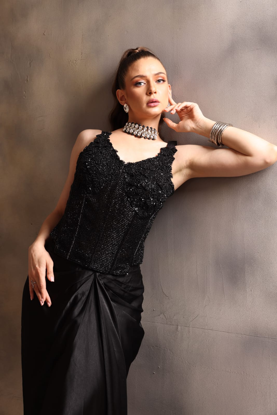 Midnight Noir Embellished Corset Top & Silk-Satin Draped Tulip Skirt Set