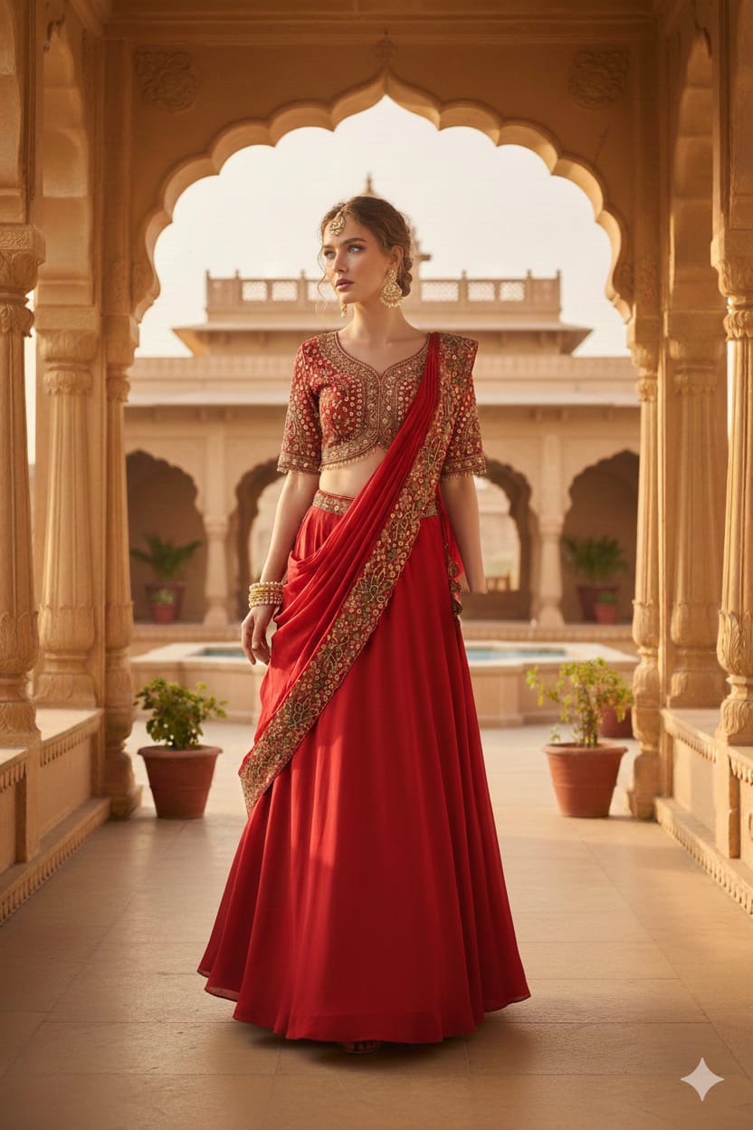 Regal Crimson Heritage Lehenga Saree