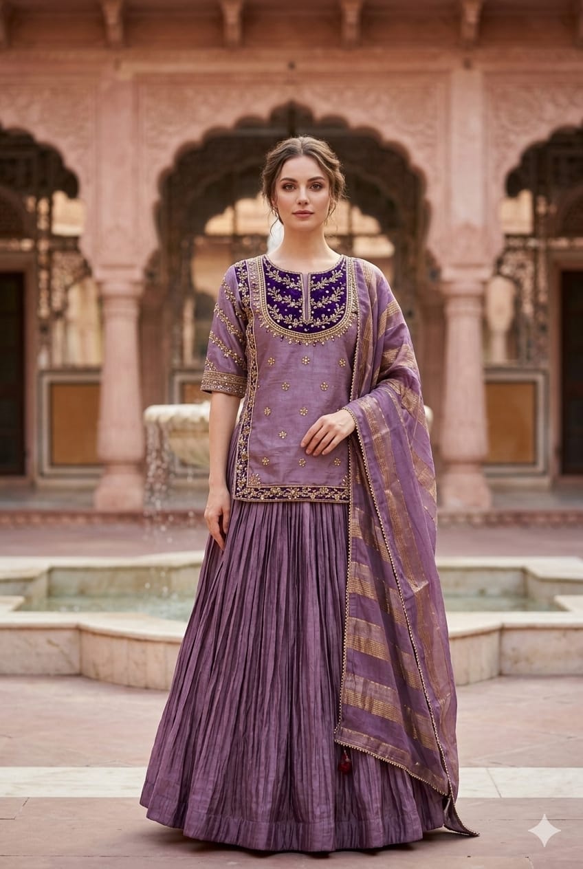 Royal Dusty Rose Silk Kurta Set with Crimson Velvet Zardosi Bib & Micro-Pleated Maxi Skirt