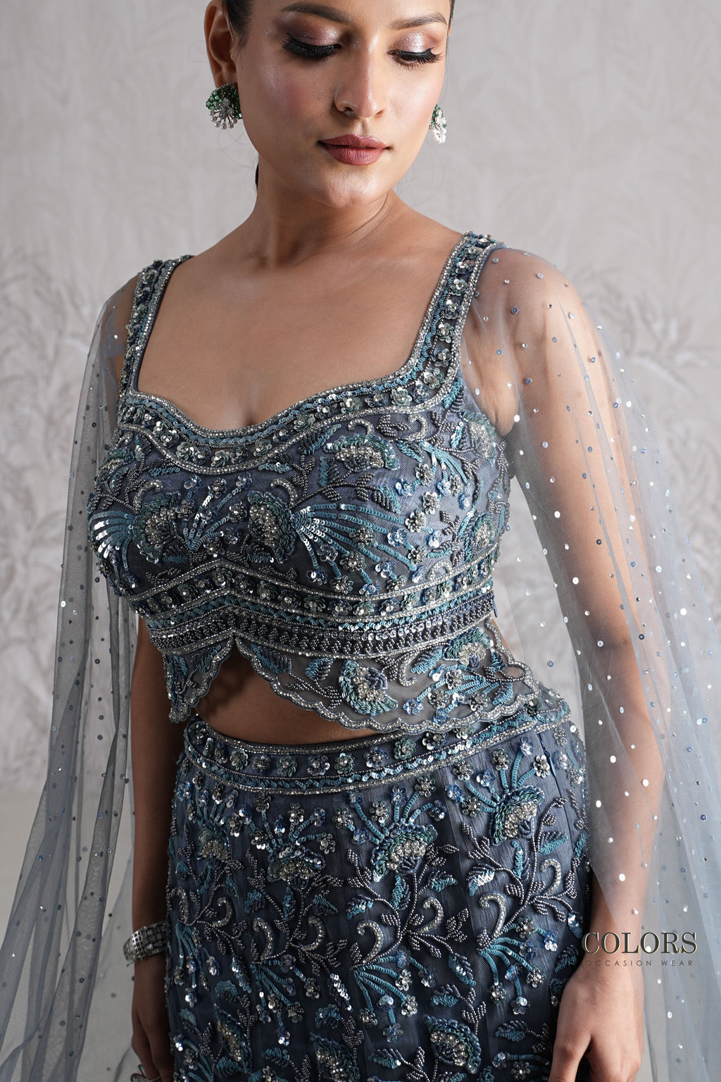 Midnight Blue Hand-Embellished Lehenga Set with Sequin Mesh Cape