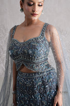 Midnight Blue Hand-Embellished Lehenga Set with Sequin Mesh Cape
