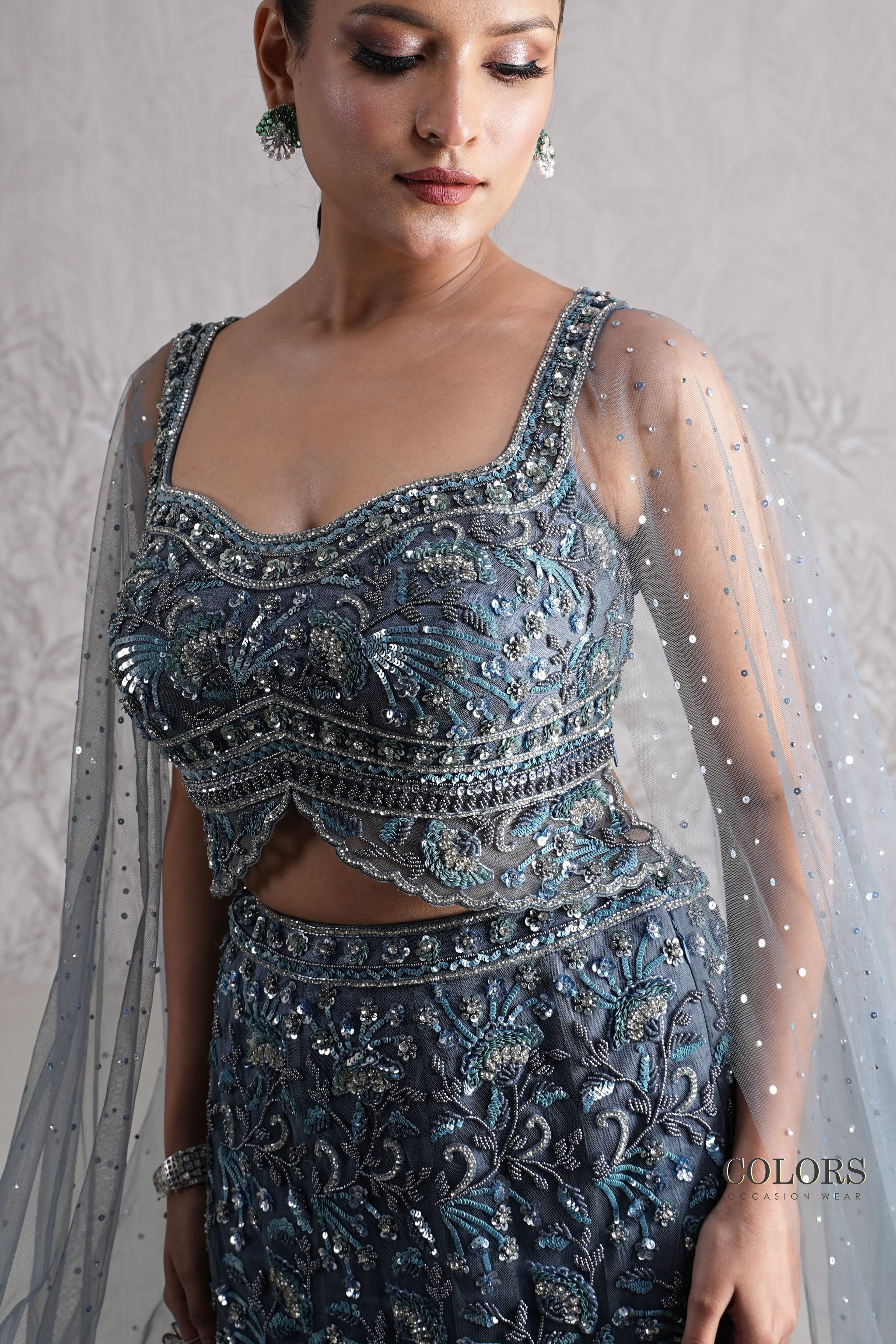 Midnight Blue Hand-Embellished Lehenga Set with Sequin Mesh Cape